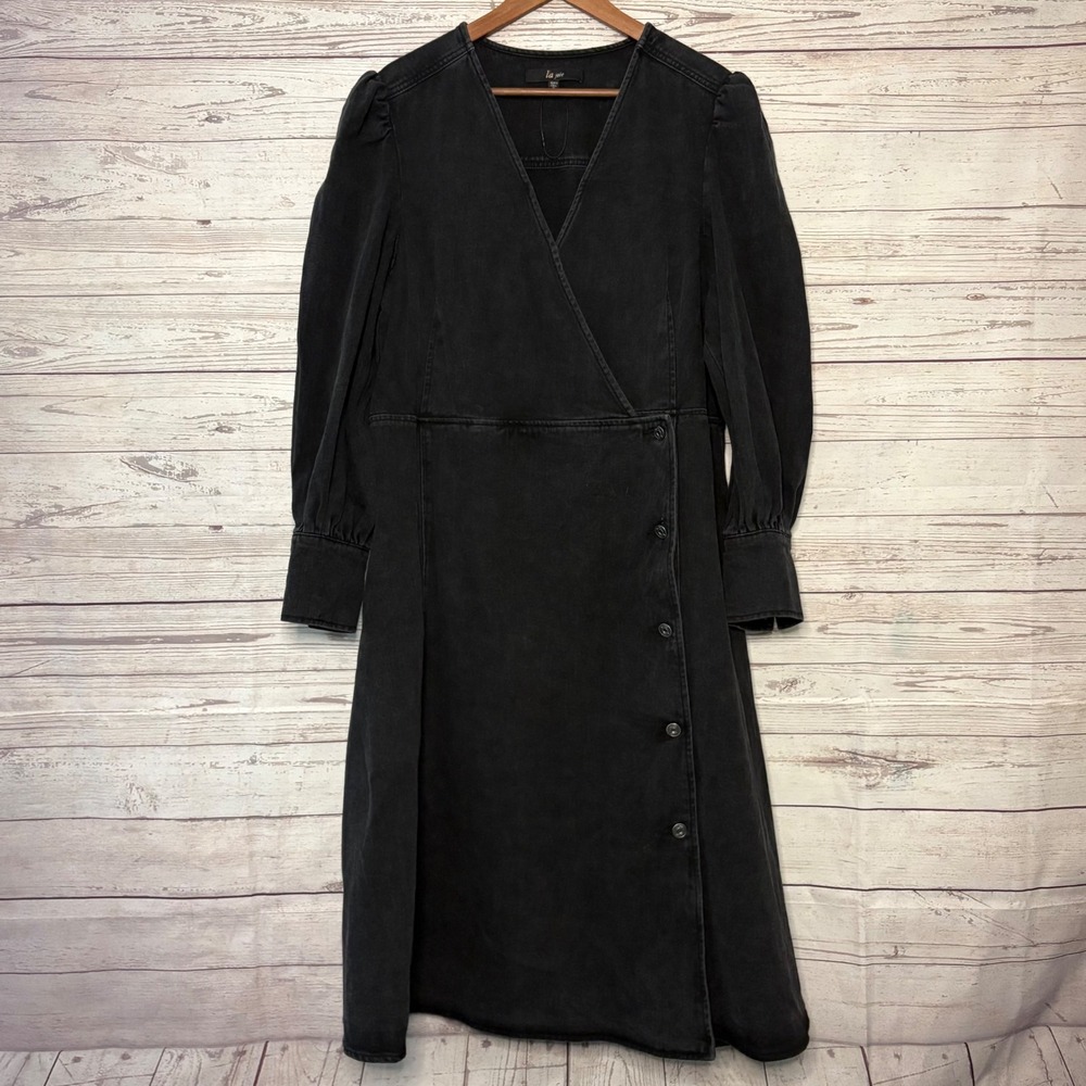 La Joie Womens Washed Black Denim Wrap Midi Dress Long Sleeve Puff Shoulder 1X